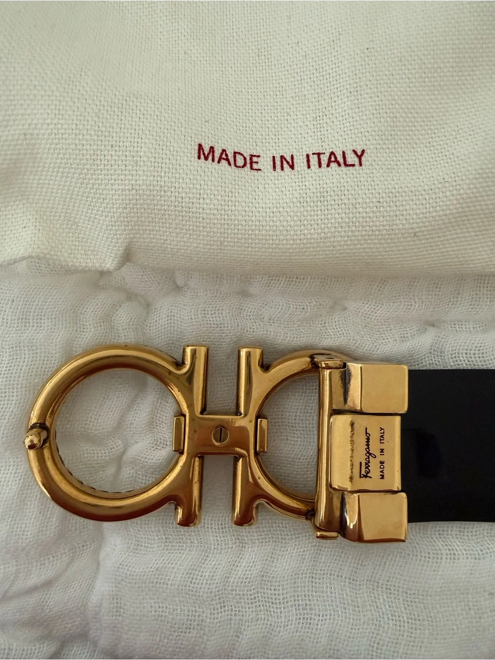 Salvatore Ferragamo Black Leather Belt with Gold Braided Double Gancini Buckle